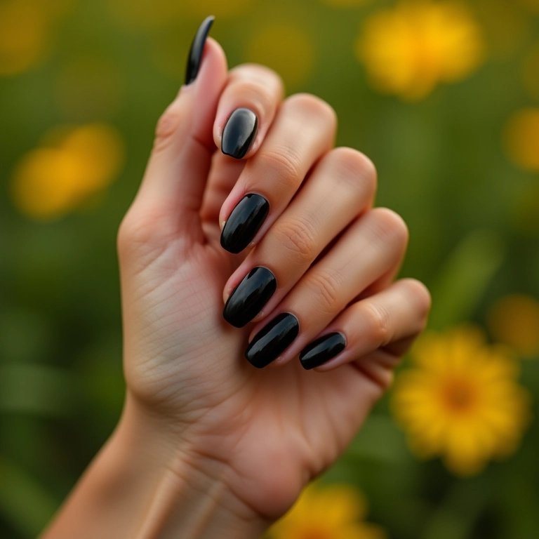Unha de gel preta lisa e minimalista em mão de mulher brasileira.