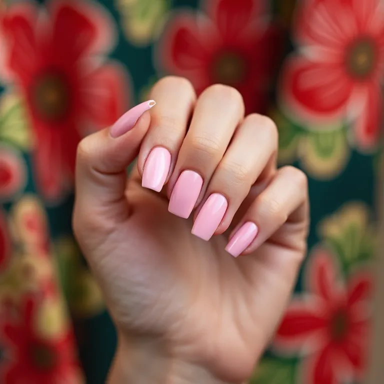 Unha de gel rosa bebê minimalista em fundo vibrante.