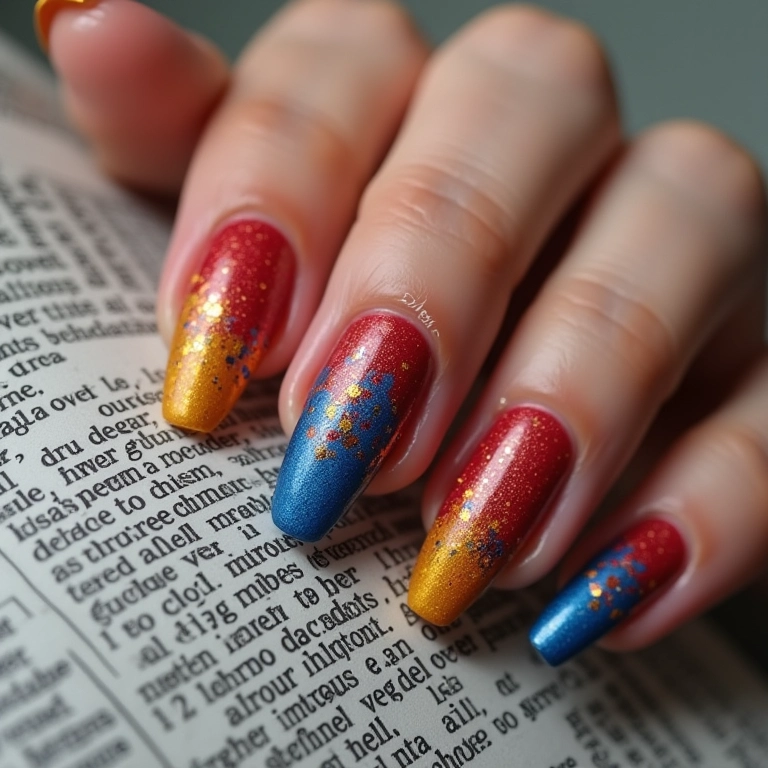 Unha de jornal com esmalte colorido.