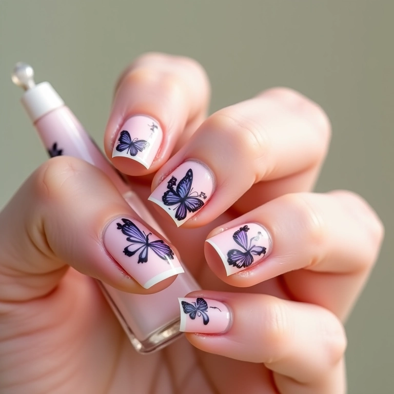 Unha decorada com borboleta adesiva.