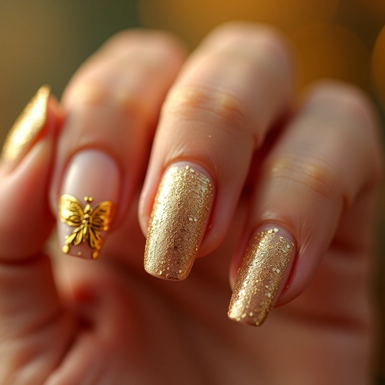 Unha decorada com borboleta dourada.
