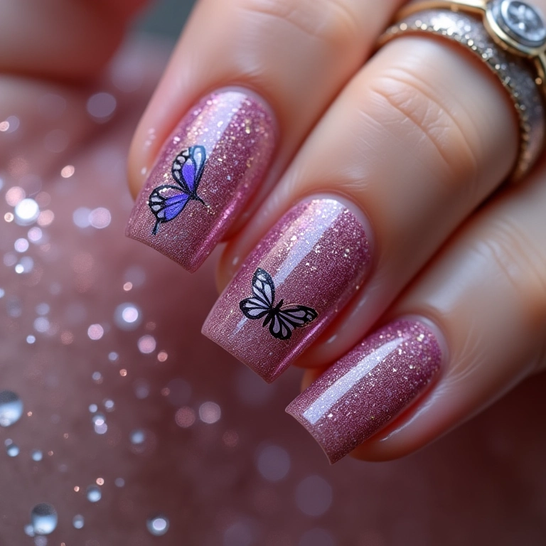 Unha decorada com borboleta e glitter.