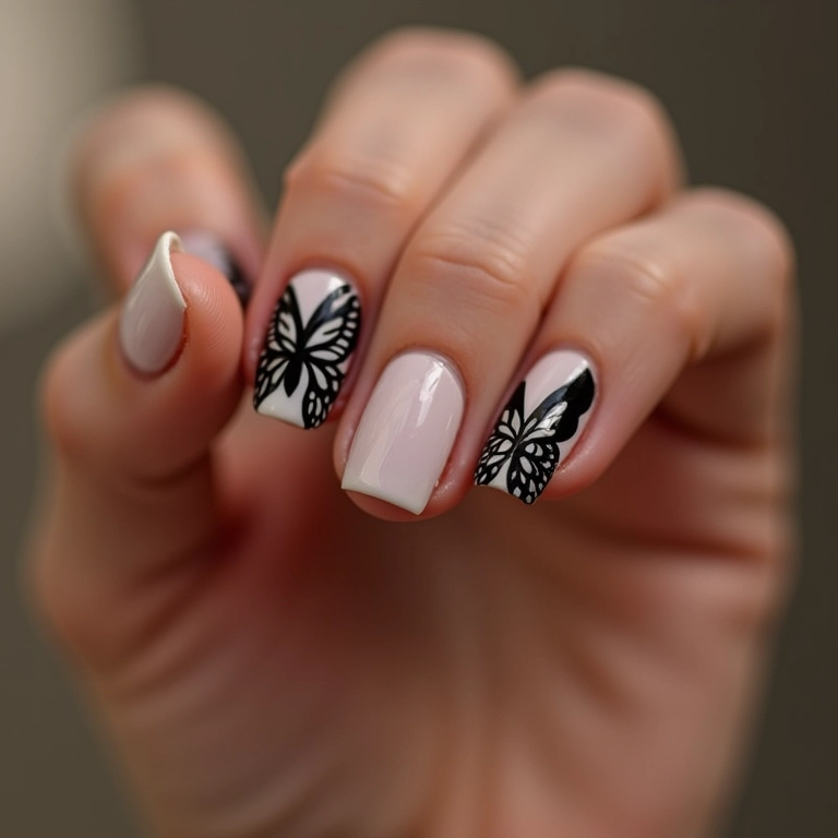 Unha decorada com borboleta preta.