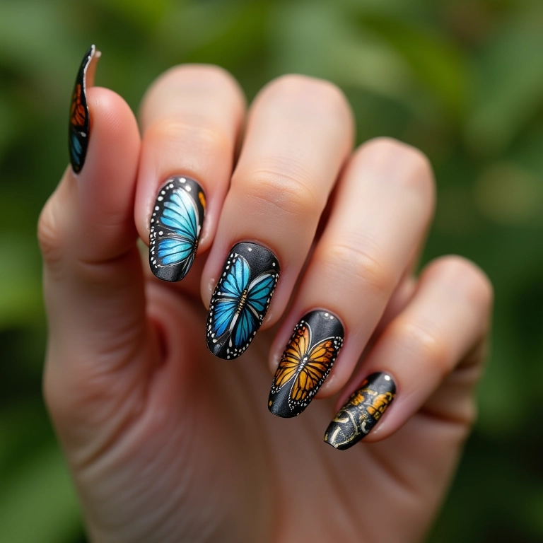 Unha decorada com borboleta realista.