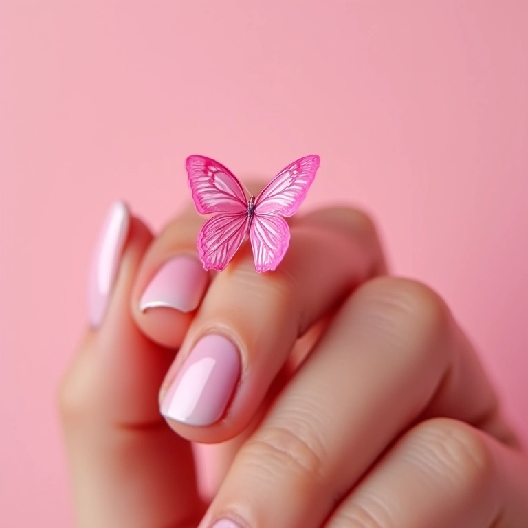 Unha decorada com borboleta rosa.