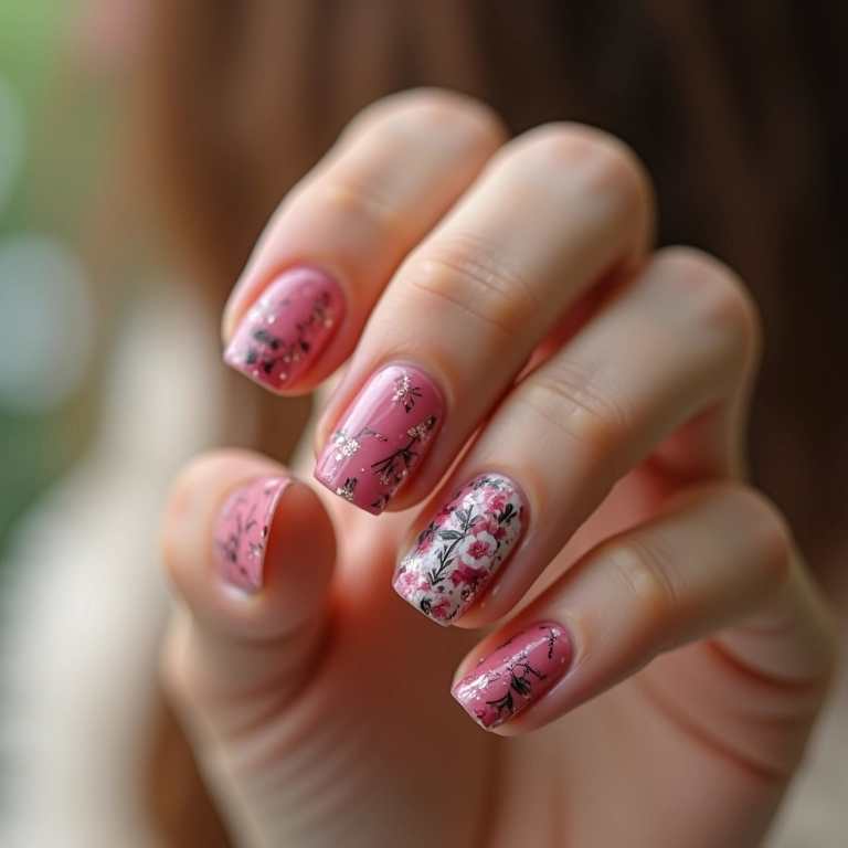 Unha decorada com flores delicadas.