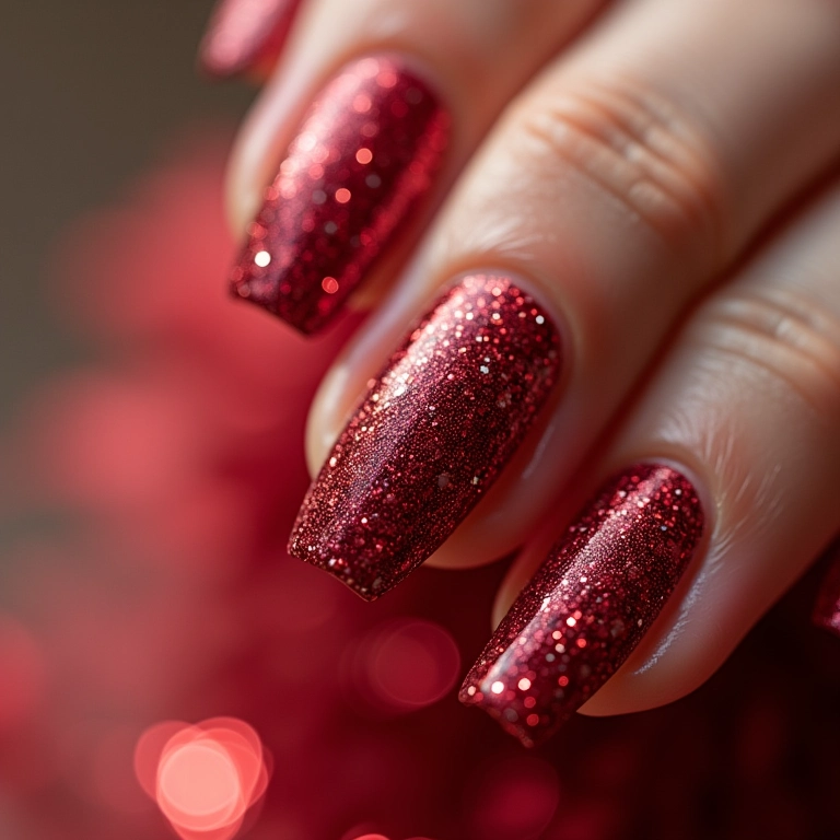 Unha decorada com glitter e um coração brilhante.