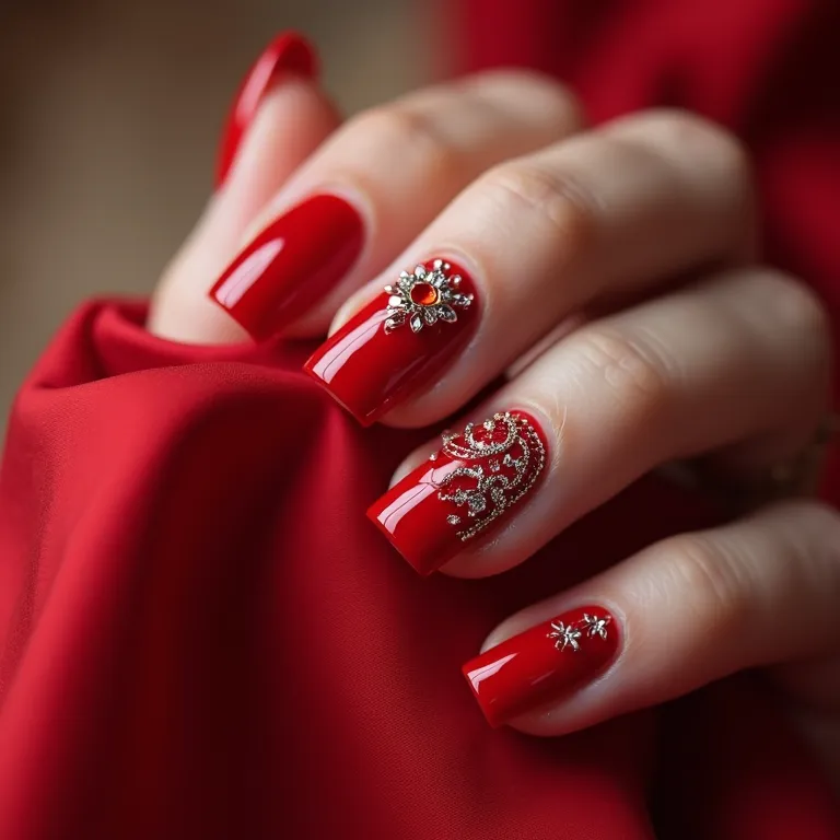 Unha decorada vermelha com pedrarias, luxo e sofisticação.