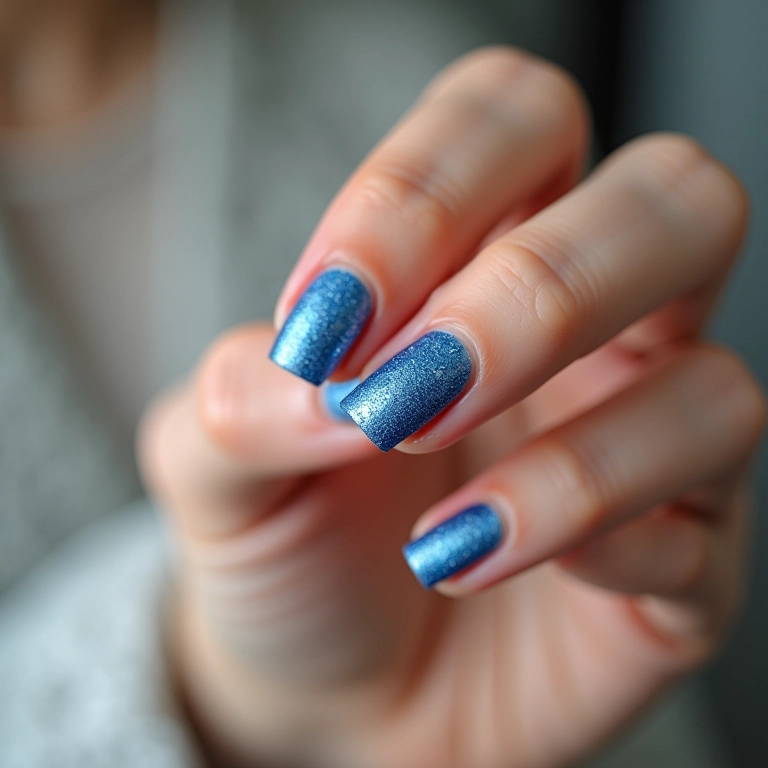 Unha filha única com destaque em glitter azul.
