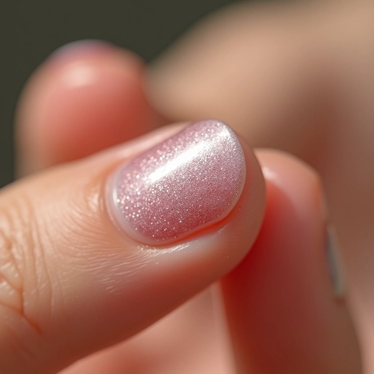 Unha filha única com glitter delicado sobre base transparente.