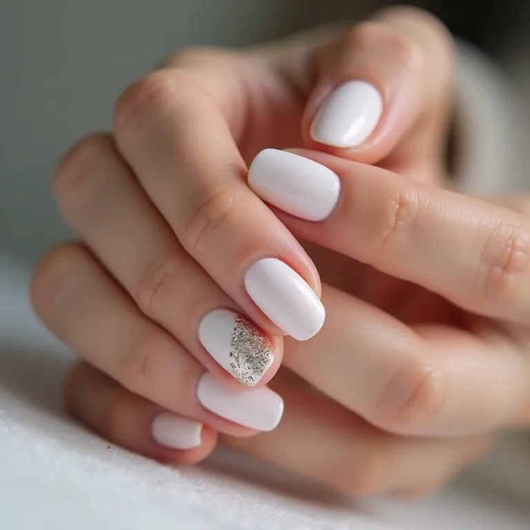 Unha filha única com glitter em manicure de gel branca.