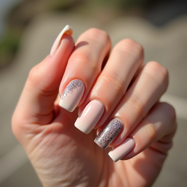 Unha filha única com glitter em unhas quadradas curtas.