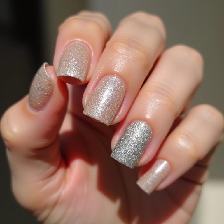 Unha filha única com glitter prateado em unhas quadradas.