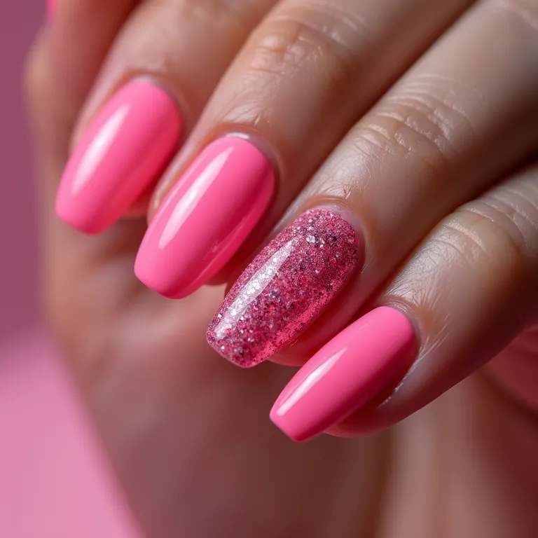 Unha filha única com glitter rosa sobre unhas neon.