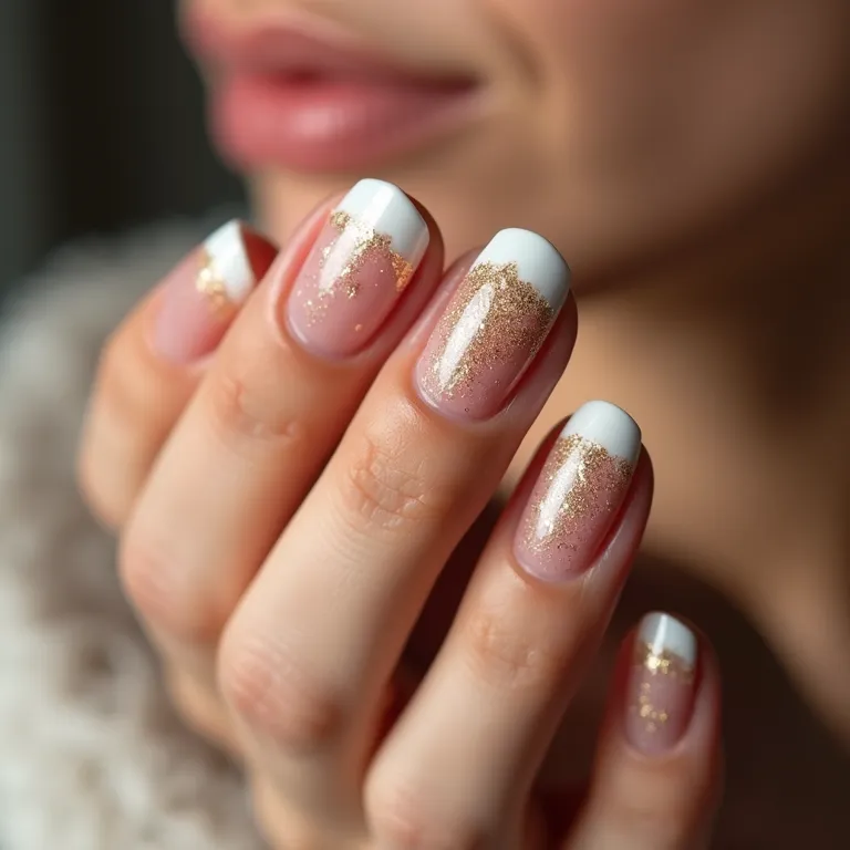 Unha francesinha com glitter dourado nas pontas.