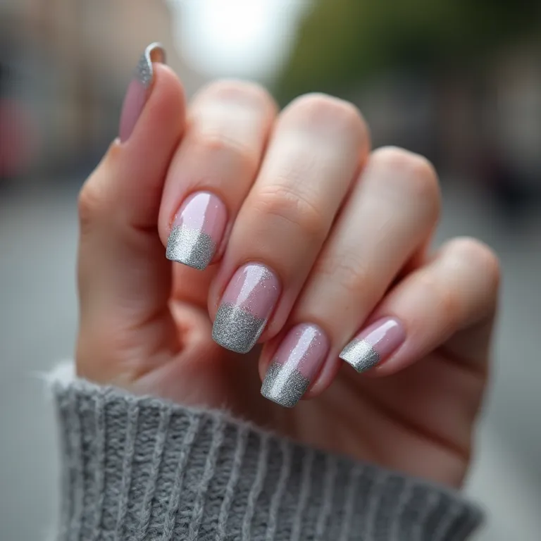 Unha francesinha com glitter prata para um look moderno.