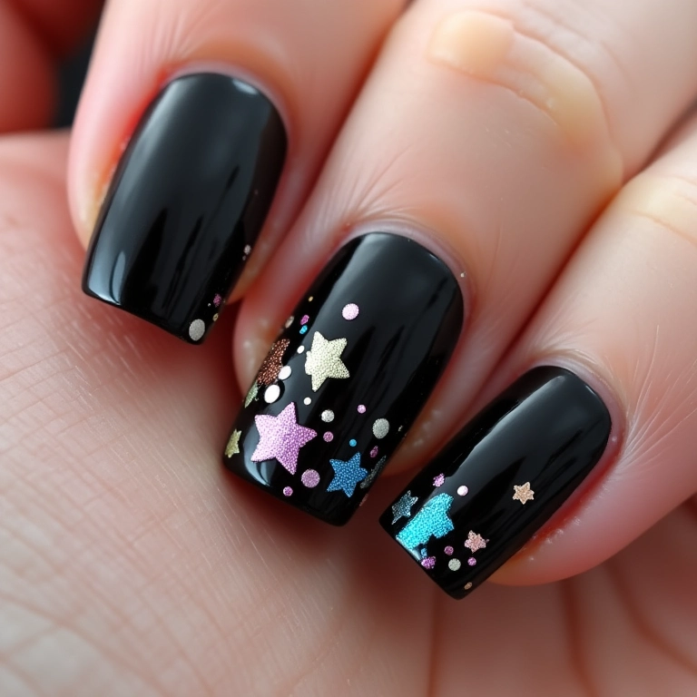 Unha preta com glitter adesivo, praticidade e estilo.