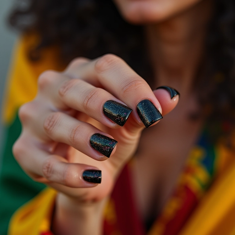 Unha preta com glitter colorido, alegria e diversão.
