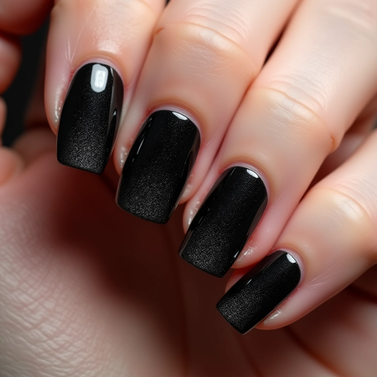 Unha preta com glitter degradê, transição suave e moderna.