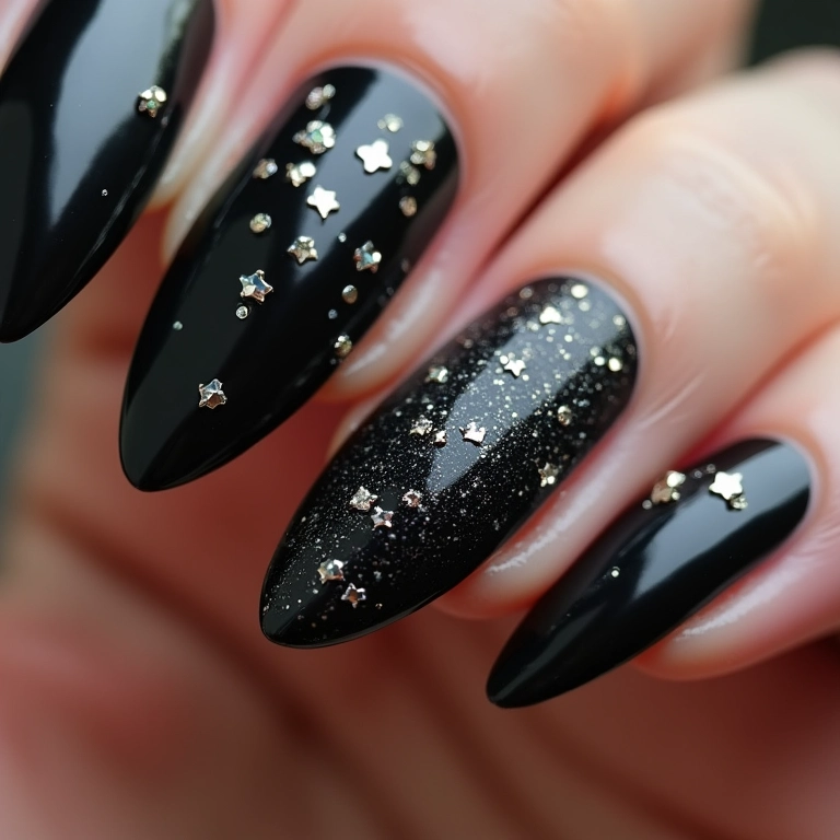 Unha preta com glitter e pedrarias, puro glamour.