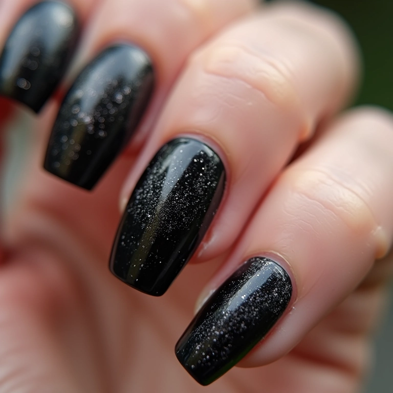 Unha preta com glitter em gel, brilho intenso e duradouro.
