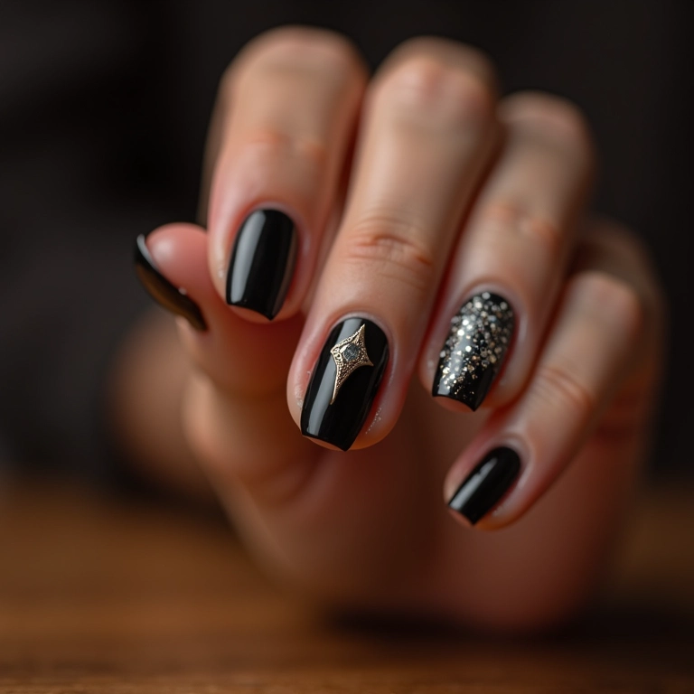 Unha preta com glitter na filha única, elegância discreta.
