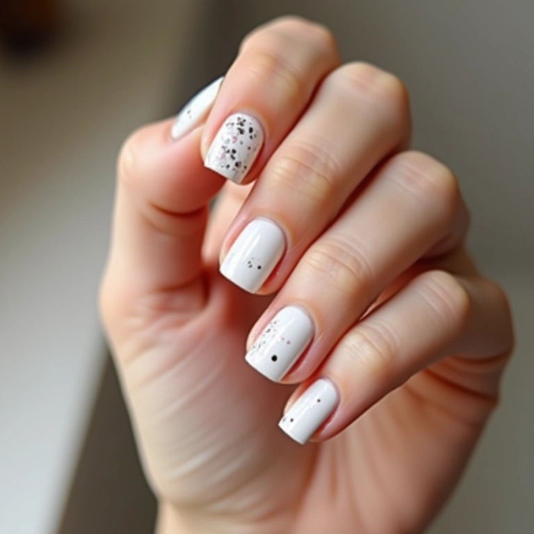 Unha quadrada branca com glitter.