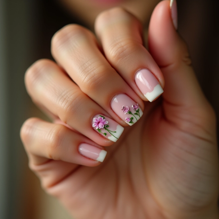 Unha quadrada curta decorada com filha única floral.