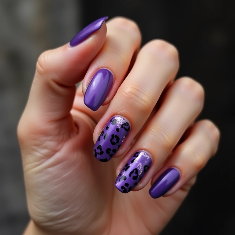 Unha roxa decorada com animal print discreto.