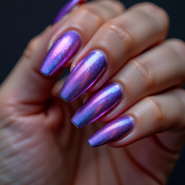 Unha roxa decorada com efeito holográfico moderno.