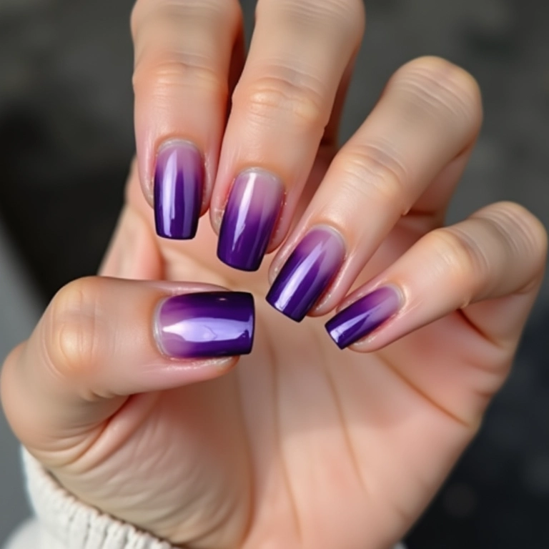 Unha roxa decorada com efeito ombré suave.