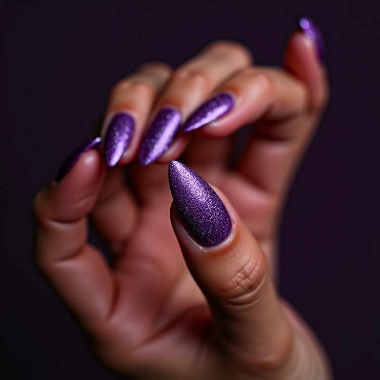 Unha roxa decorada com glitter prateado brilhante.