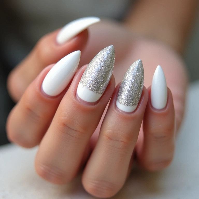 Unha stiletto branca com glitter.