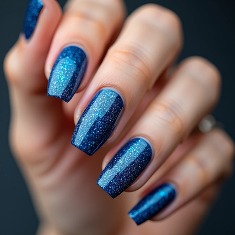Unha toda azul com detalhes brilhantes em glitter.