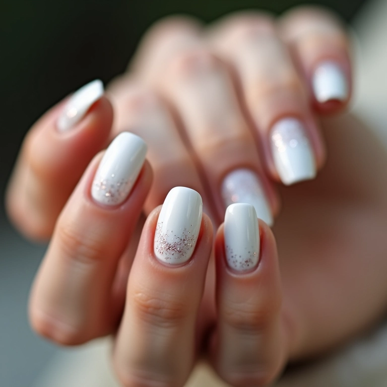 Unha toda branca com glitter discreto.