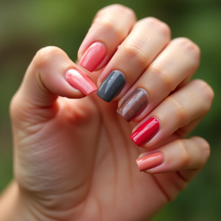 Unha transparente com esmalte colorido na base.