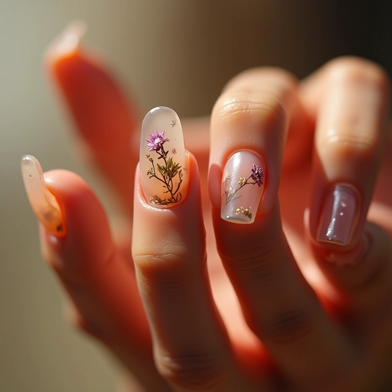 Unha transparente com flores secas.