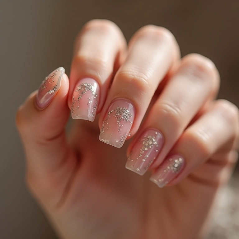 Unha transparente com glitter discreto.