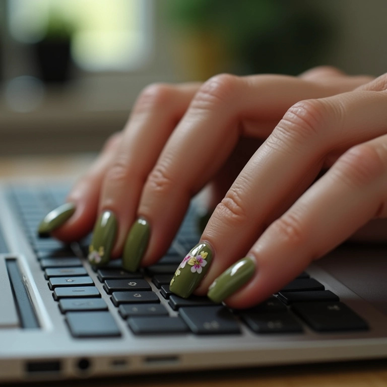 Unha verde oliva com adesivos florais e mãos no teclado do laptop.