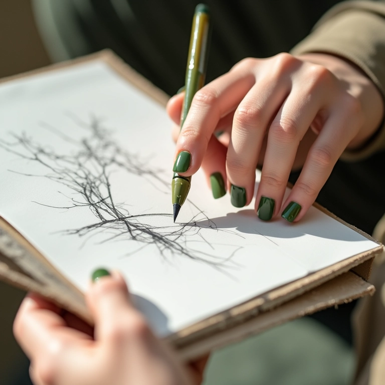 Unha verde oliva com desenhos minimalistas e mãos segurando sketchbook.