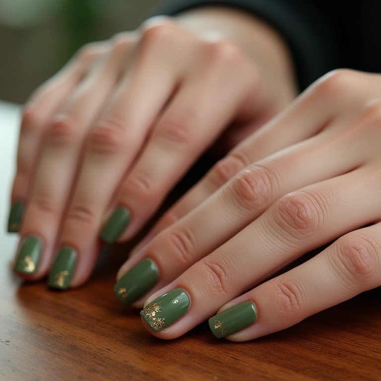 Unha verde oliva com detalhes em flocos dourados.