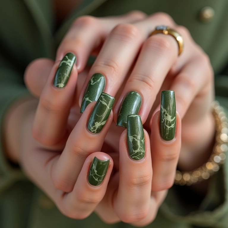 Unha verde oliva com efeito mármore e joia elegante.