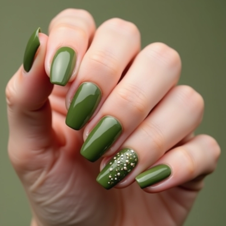 Unha verde oliva com filha única texturizada.