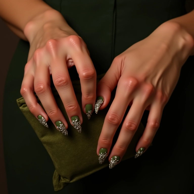 Unha verde oliva com pedrarias e mãos segurando clutch.