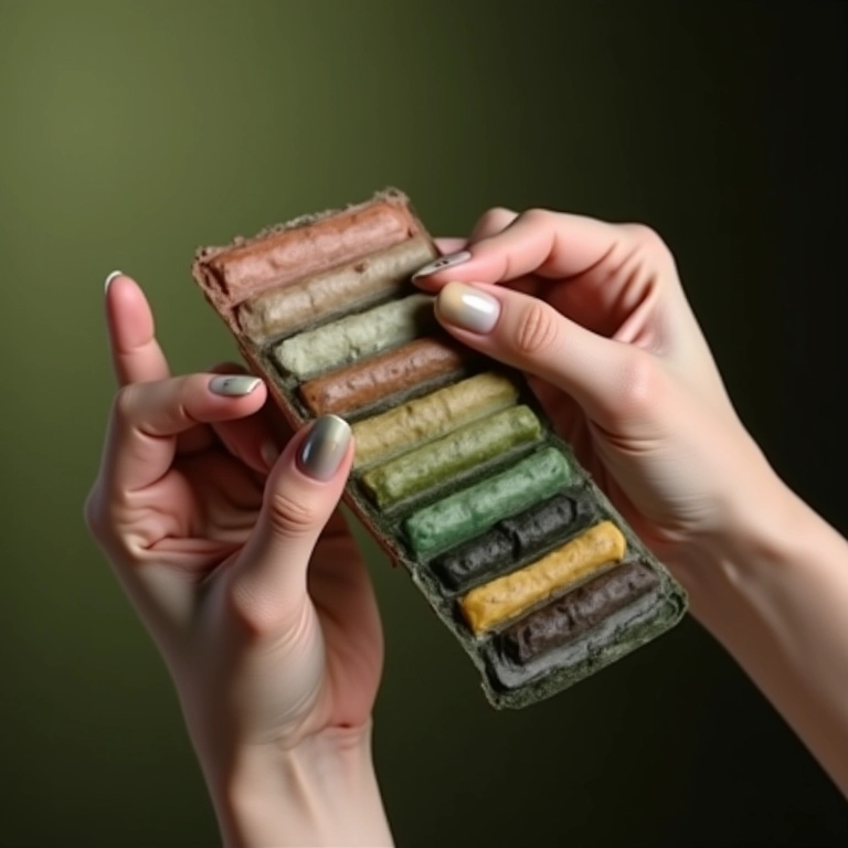 Unha verde oliva degradê e mãos segurando paleta de tintas.