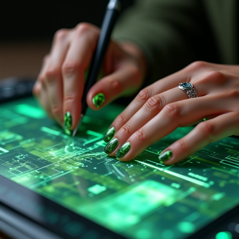 Unha verde oliva geométrica e mãos em tablet gráfico.