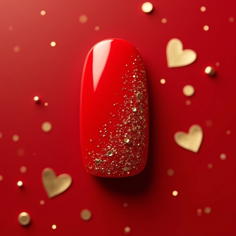 Unha vermelha com folha de ouro e glitter dourado.