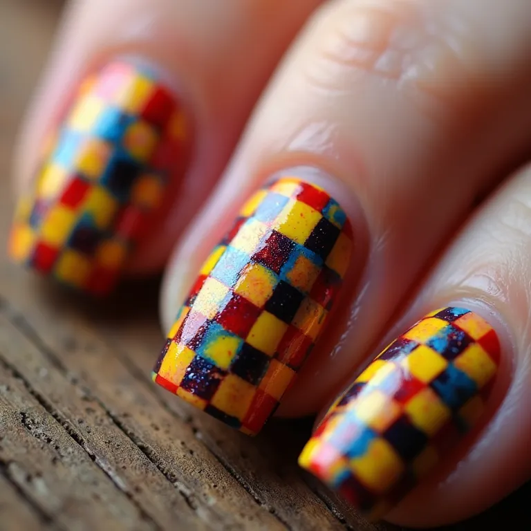 Unha xadrez junina em vermelho, amarelo e azul.