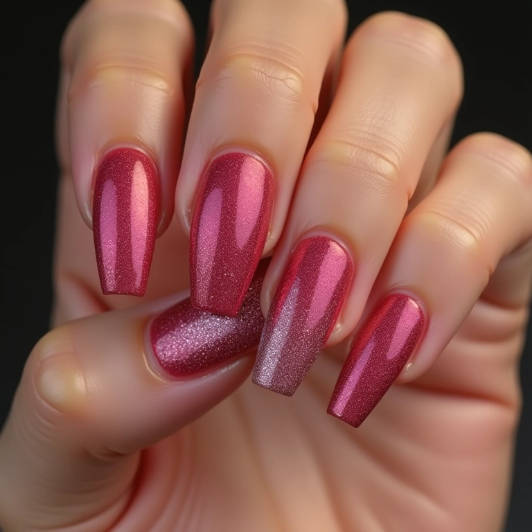 Unhas acrílicas com acabamento em glitter em pó.