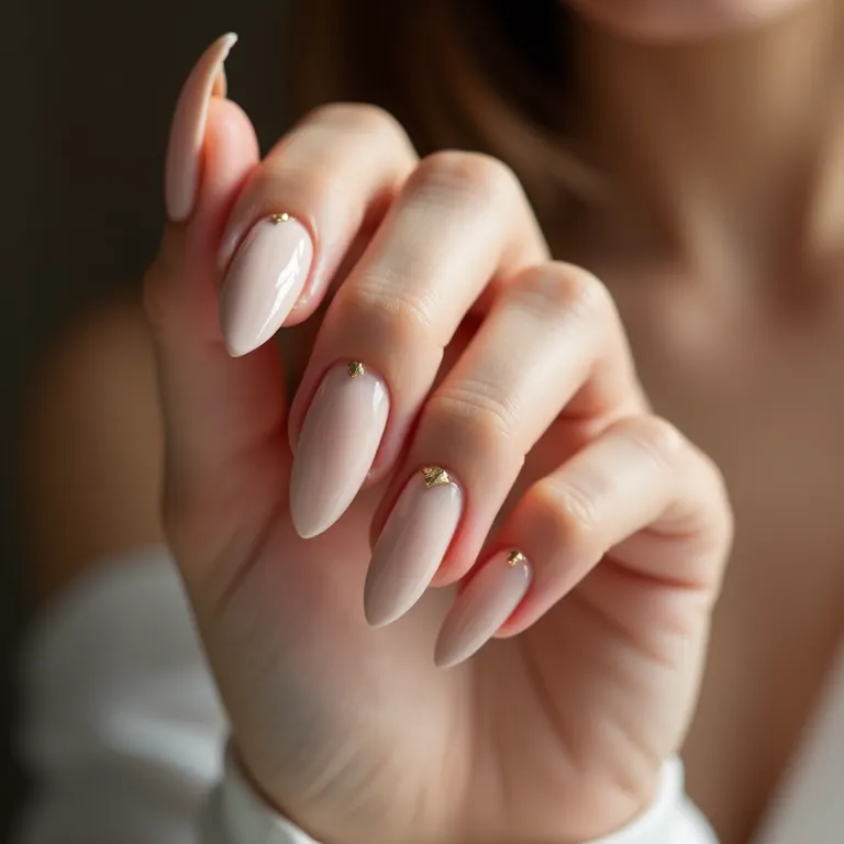 Unhas almond (amendoada) com base nude e detalhes dourados delicados.